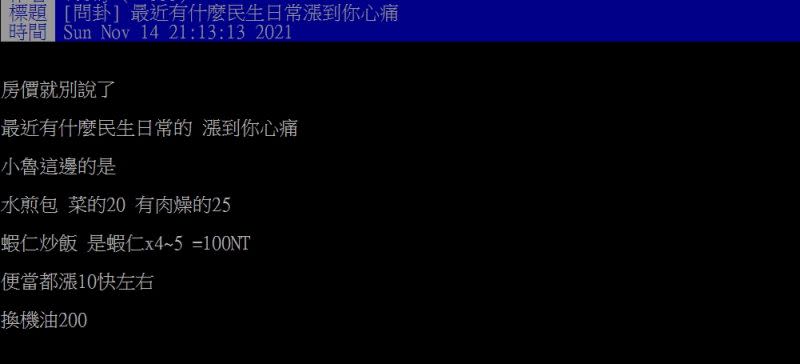 ▲網友好奇詢問「最近有什麼民生日常漲到你心痛？」（圖／翻攝PTT）
