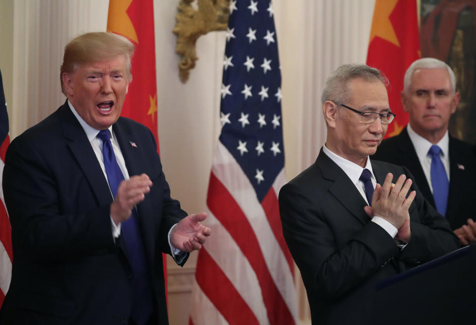 WASHINGTON, DC - JANUARY 15: U.S. President Donald Trump stands with Chinese Vice Premier Liu He, before signing the phase 1 of a trade deal between the U.S. and China, in the East Room at the White House, on January 15, 2020 in Washington, DC. Phase 1 is expected to cut tariffs and promote Chinese purchases of U.S. farm, and manufactured goods while addressing disputes over intellectual property. (Photo by Mark Wilson/Getty Images)
