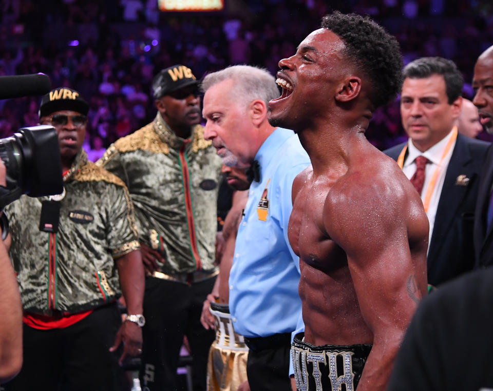 LOS ANGELES, CA - SEPTEMBER 28: Erroll Spence Jr. reacts in the ring after defeating Shawn Porter (not pictured) in their IBF & WBC World Welterweight Championship fight at Staples Center on September 28, 2019 in Los Angeles, California. Spence, Jr won by decision. (Photo by Jayne Kamin-Oncea/Getty Images)