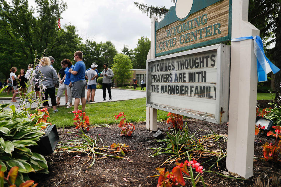 <p>Supporters gather at the Wyoming Civic Center after Fred Warmbier, father of Otto Warmbier, a University of Virginia undergraduate student who was imprisoned in North Korea in March 2016, spoke during a news conference, Thursday, June 15, 2017, at Wyoming High School in Cincinnati, Ohio. (Photo: John Minchillo/AP) </p>