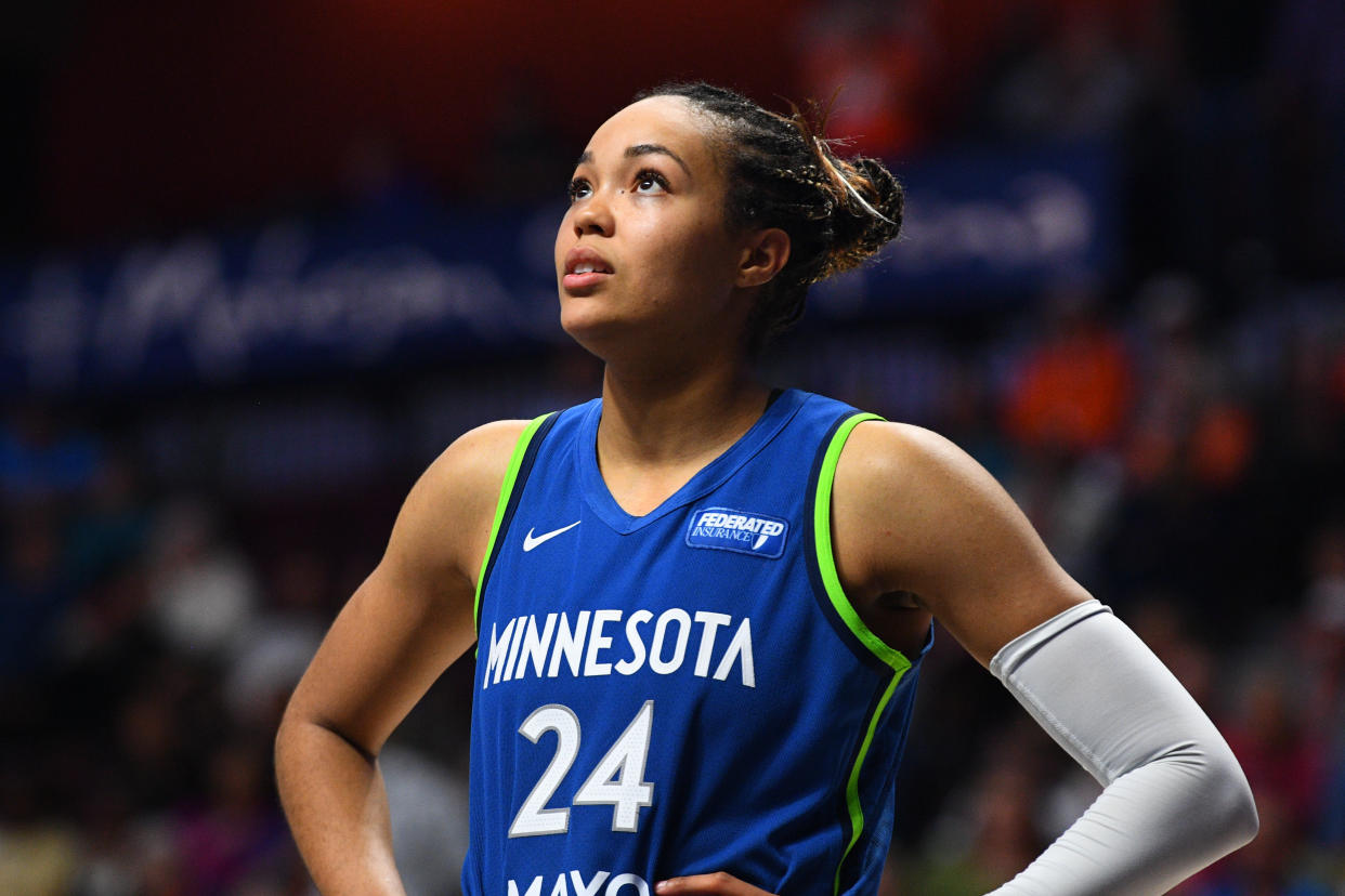 UNCASVILLE, CT - MAY 23: Minnesota Lynx forward Napheesa Collier (24) looks on during a WNBA game between the Minnesota Lynx and the Connecticut Sun on May 23, 2024, at Mohegan Sun Arena in Uncasville, CT. (Photo by Erica Denhoff/Icon Sportswire via Getty Images)