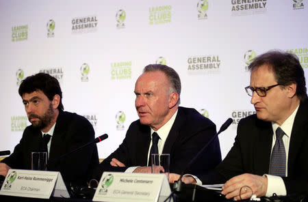 European Club Association (ECA) Chairman Karl-Heinz Rummenigge (C), board member and President of Juventus Andrea Agnelli (L) and General Secretary Michele Centenaro attend a news conference following ECA's General Assembly in Athens, Greece March 28, 2017. REUTERS/Alkis Konstantinidis