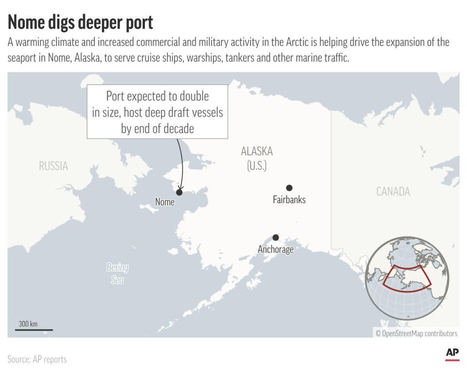 A deep water port under construction in Nome, Alaska, will take advantage of a warming climate and increasing marine traffic in the Arctic. (AP Graphic)