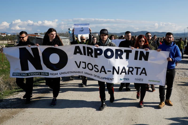 Albanian environment activists protest against the new airport in the Vjose-Narte area