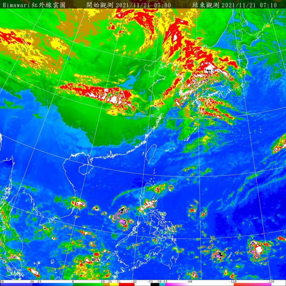 今天各地多雲到晴，明天強冷空氣來襲，氣溫下降10度。（氣象局提供）