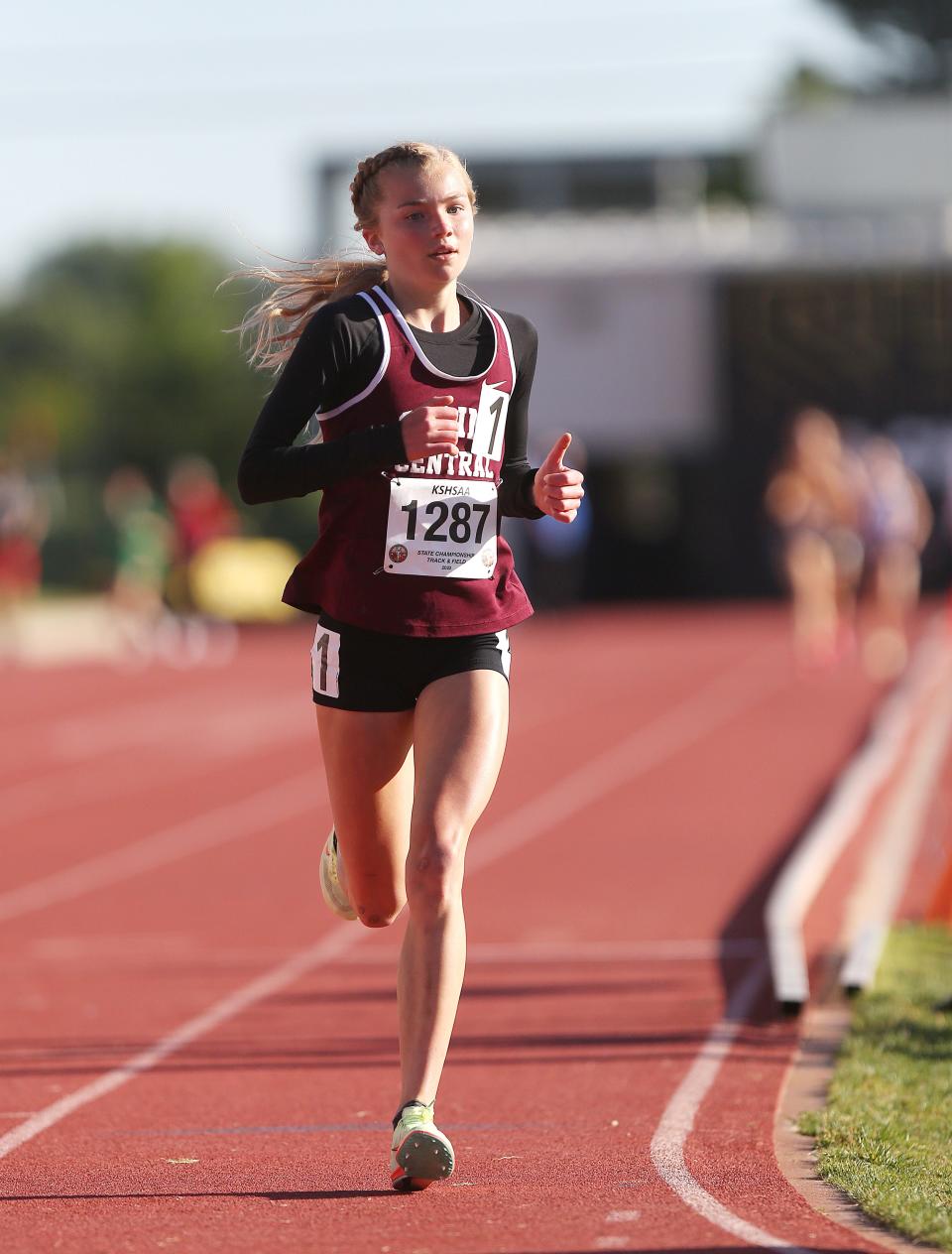 Salina Central's Katelyn Rupe competes in the Class 5A 3200-meter race at the state track and field meet Friday, May 27, 2022, in Cessna Stadium in Wichita. Rupe won with a time of 10:47.60 and broke her school record.