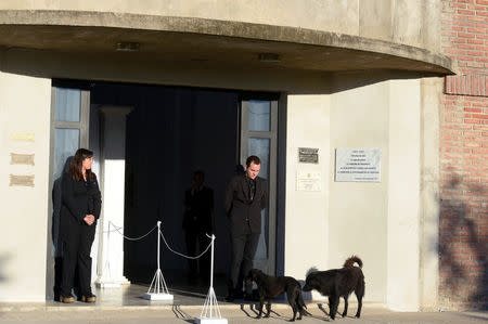 Dogs stand outside of the Emiliano Sala wake, who died in plane crash in the English Channel in Progreso, Argentina, Argentina February 16, 2019. REUTERS/Sebastian Granata