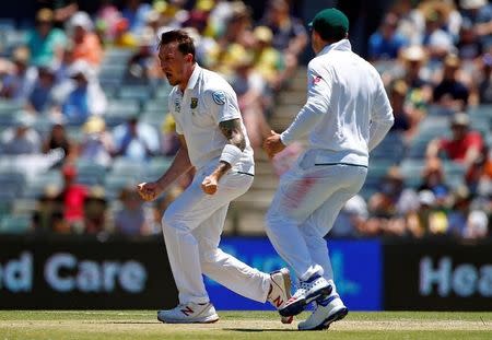 Cricket - Australia v South Africa - First Test cricket match - WACA Ground, Perth, Australia - 4/11/16. South Africa's Dale Steyn reacts after dismissing Australia's David Warner at the WACA Ground in Perth. REUTERS/David Gray