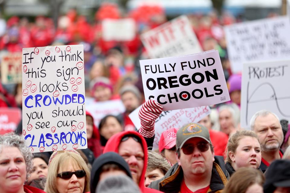About 2,500 educators, students and supporters from across the state marched around the Oregon State Capitol in support of public education on Monday, Feb. 18, 2019. Some issues they focused on included school funding, large class sizes and missing support staff among others.