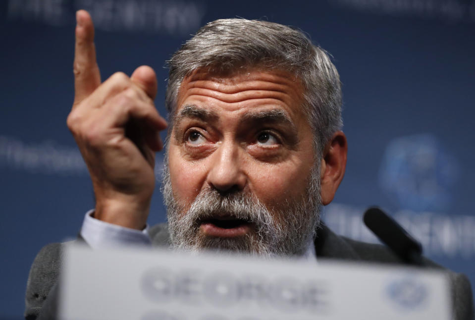 US actor and activist George Clooney speaks at a press conference about South Sudan in London, Thursday, Sept. 19, 2019. The largest multinational oil consortium in South Sudan is "proactively participating in the destruction" of the country, the actor George Clooney and co-founder of The Sentry watchdog group told The Associated Press this week. (AP Photo/Alastair Grant)