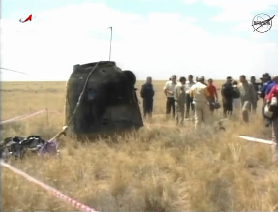 The Soyuz TMA-03M space capsule that returned to Earth on July 1, 2012 with three astronauts from the International Space Station is shown in this NASA TV still image. The Russian Soyuz TMA-03M landed in the steppes of Kazakhstan in Central Asi