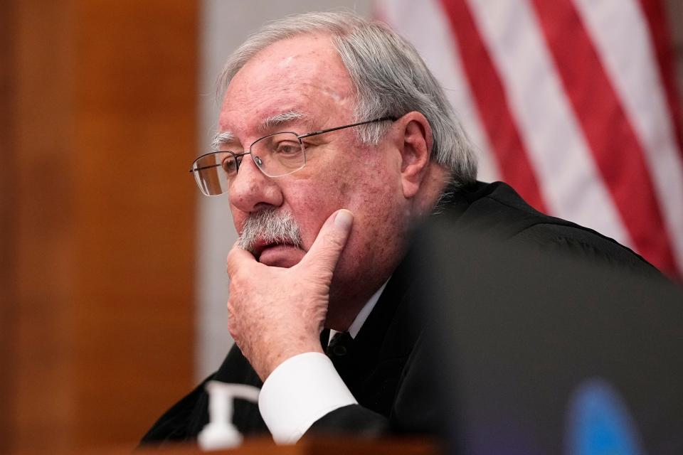 Franklin County Common Pleas Judge Jeffrey Brown listens to family members of Heather Chapman give victim impact statements Thursday during the sentencing hearing for Dallas Lowery, who was found guilty of murder for fatally shooting his ex-girlfriend and the mother of his infant child in February 2022.