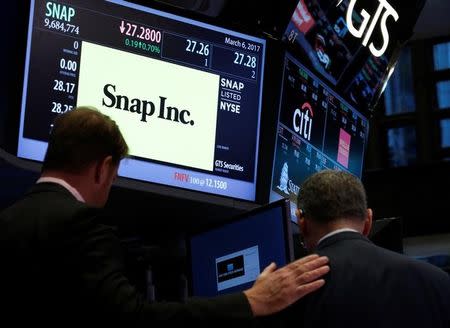 Traders gather at the post where Snap Inc. is traded on the floor of the New York Stock Exchange (NYSE) in New York, U.S., March 6, 2017. REUTERS/Brendan McDermid