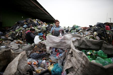 A waste picker sifts through trash in the neighborhood of Jose Leon Suarez, on the outskirts of Buenos Aires