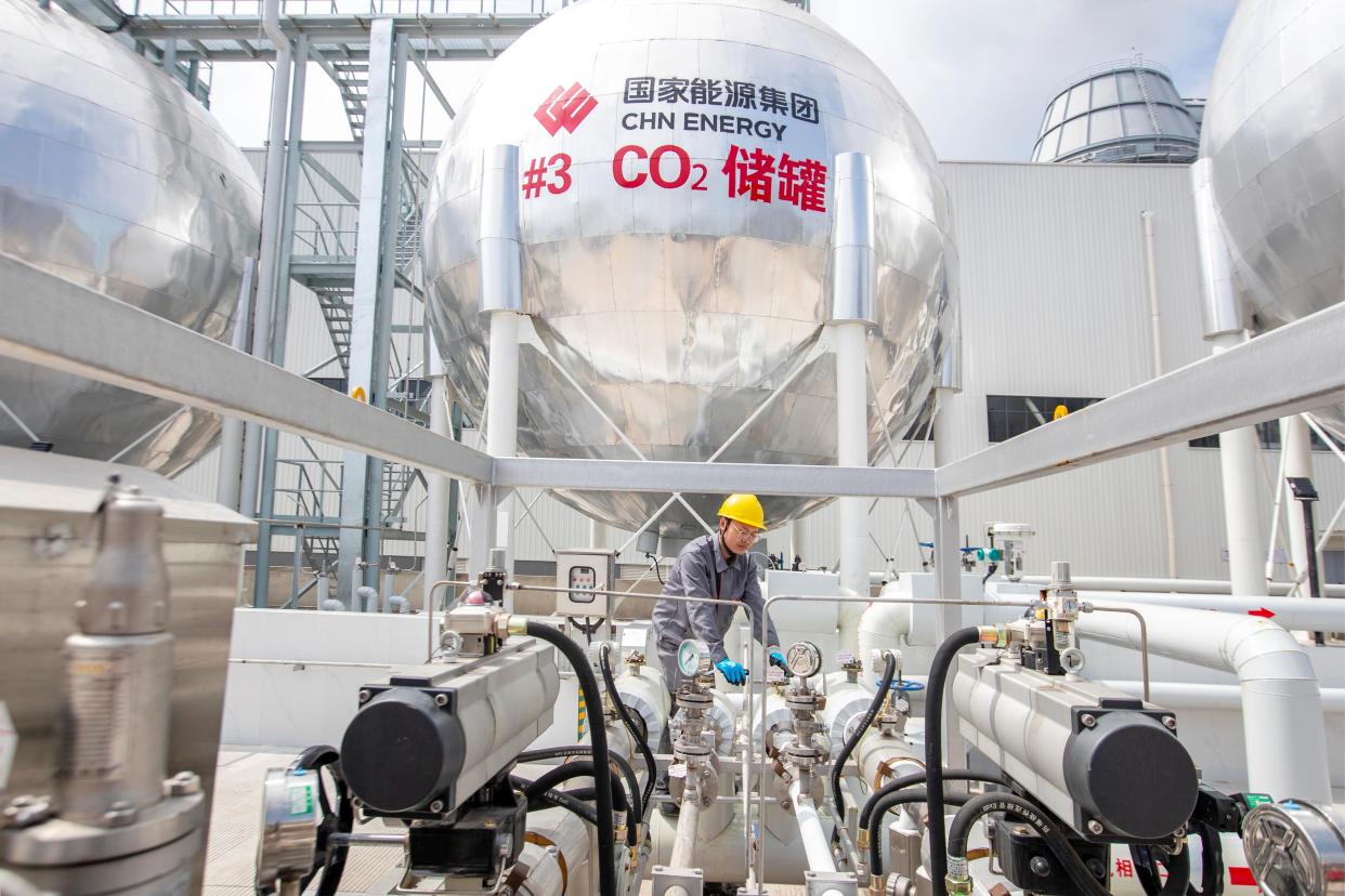 A technician checks the carbon capture, utilization and storage facility before operation at the Taizhou coal-fired power plant of China Energy Investment Corporation China Energy in Taizhou, east China's Jiangsu Province, June 1, 2023.  China Energy on Friday announced that it has put Asia's largest carbon capture, utilization and storage CCUS facility for the coal-fired power generation sector into operation in east China's Jiangsu Province.  TO GO WITH 