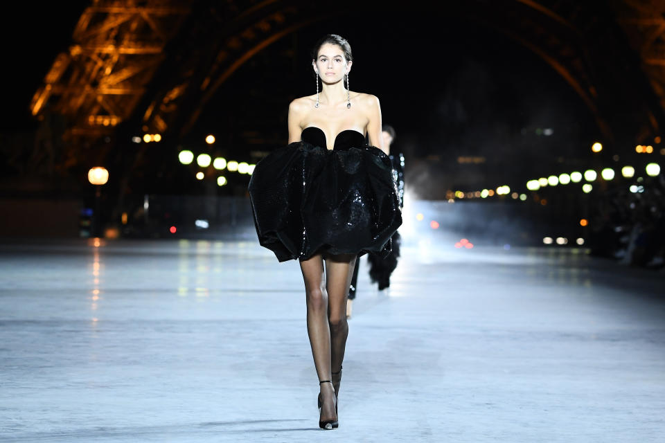 Kaia Gerber walked for Saint Laurent on Tuesday night [Photo: Getty]