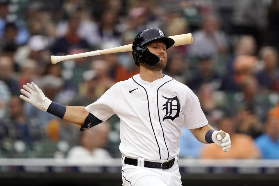 Detroit Tigers' Kody Clemens flips his bat as he flies out during the fourth inning of a baseball game against the Minnesota Twins, Wednesday, June 1, 2022, in Detroit. (AP Photo/Carlos Osorio)