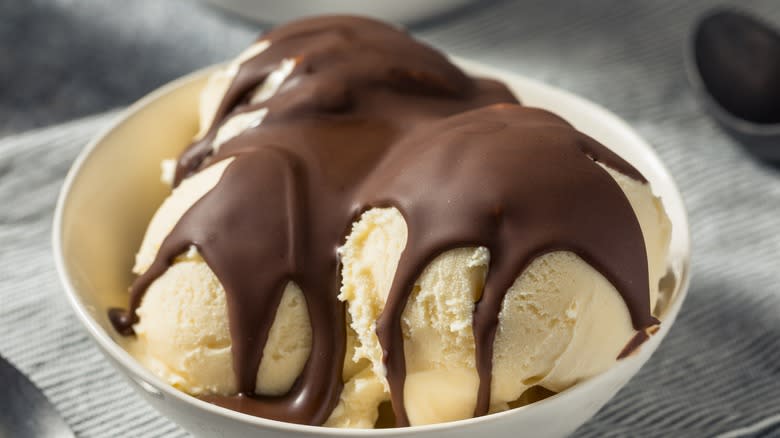 Chocolate magic shell on ice cream