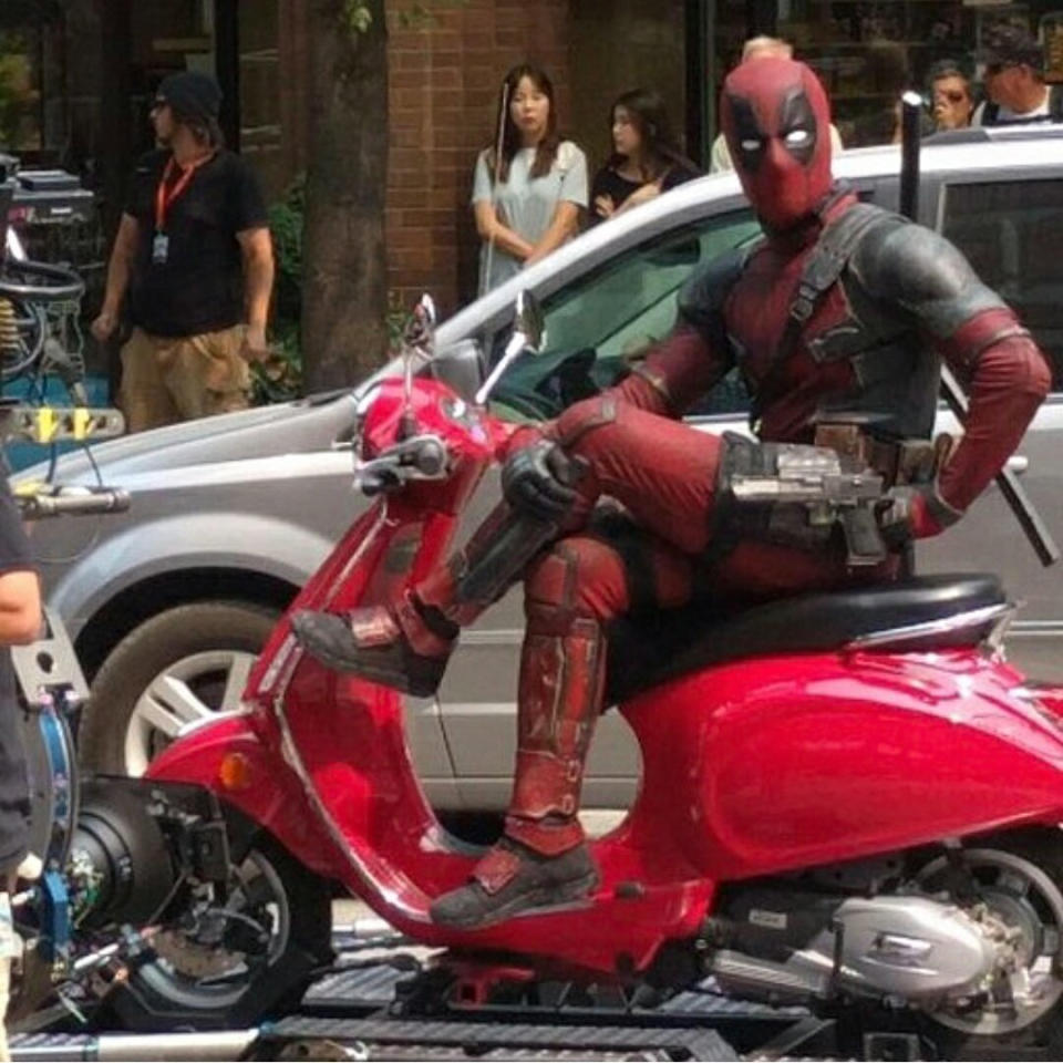 Deadpool spotted on a Vespa on the set of Deadpool 2 – Credit: Twitter