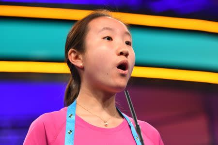 May 30, 2018; National Harbor, MD, USA; Anna Liu spelled the word cadet correctly during the 2018 Scripps National Spelling Bee at the Gaylord National Resort and Convention Center. Mandatory Credit: Jack Gruber-USA TODAY NETWORK