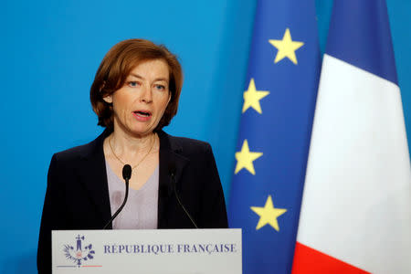 FILE PHOTO: French Minister of the Armed Forces Florence Parly makes an official statement with French Minister for Foreign Affairs Jean-Yves Le Drian (not pictured) in the press room at the Elysee Palace, in Paris, France, April 14, 2018. Michel Euler/Pool via Reuters