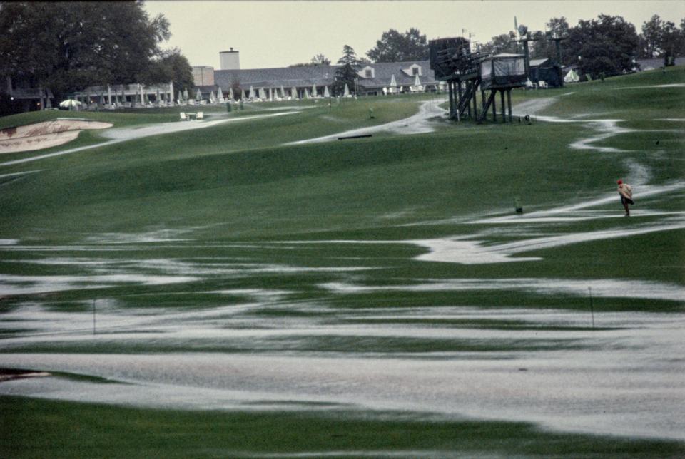 Rain soaked course at the Augusta National Golf Course on April 12, 1984 during the Masters.