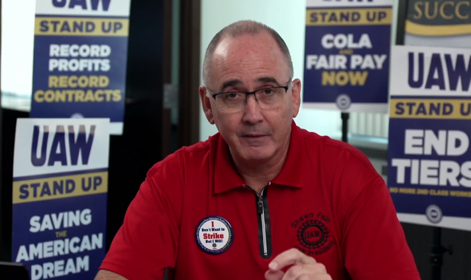 UAW President Shawn Fain is seen here giving a talk on Facebook live on Wednesday, Sept. 13, 2023. He laid out the strike plan that could impact Ford Motor Co., General Motors and Stellantis when contracts expire at 11:59 p.m. Sept. 14, 2023 if contract counteroffers aren't deemed sufficient by 10 p.m. Thursday, Sept. 14.