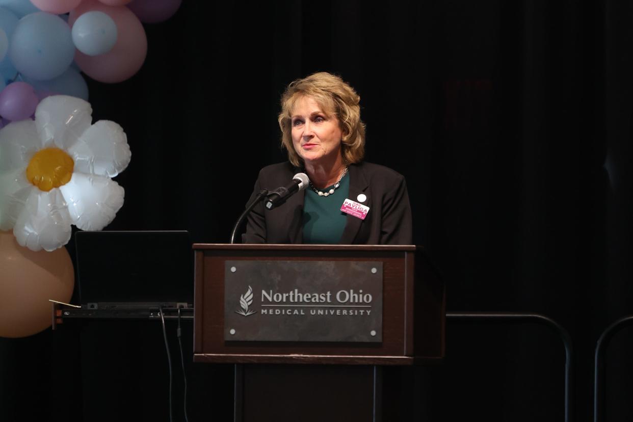 State Rep. Gail Pavliga speaks at the Summit on Kids event May 31 at the Northeast Ohio Medical University in Rootstown Township. The state lawmakers is sponsoring the "Child Stabilization Act," a  bill provides a licensing procedure for short-term, emergency placement of children.