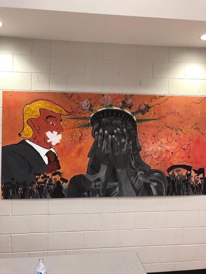 This piece of student artwork at Southwind High School outside Memphis, Tenn., was removed after the school received a threat. The art had garnered media attention earlier that day after criticism from supporters of President Donald Trump.