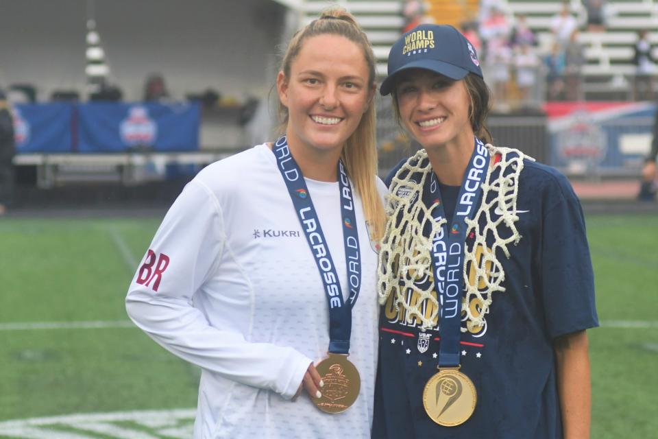 Gibbsboro native and England goalie Britt Read and Moorestown native Marie McCool of Team USA share a moment after the former club teammates were named All-World at the 2022 World Lacrosse Women's World Championship