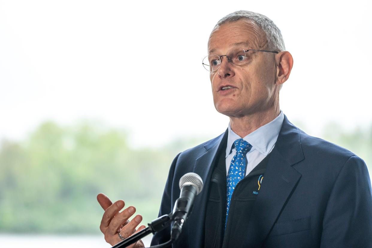 Grant Kvalheim, CEO and president of Athene USA, speaks during a dedication of the Athene North Shore Recreation Area at Easter Lake Park on Thursday, May 2, 2024, in Des Moines.