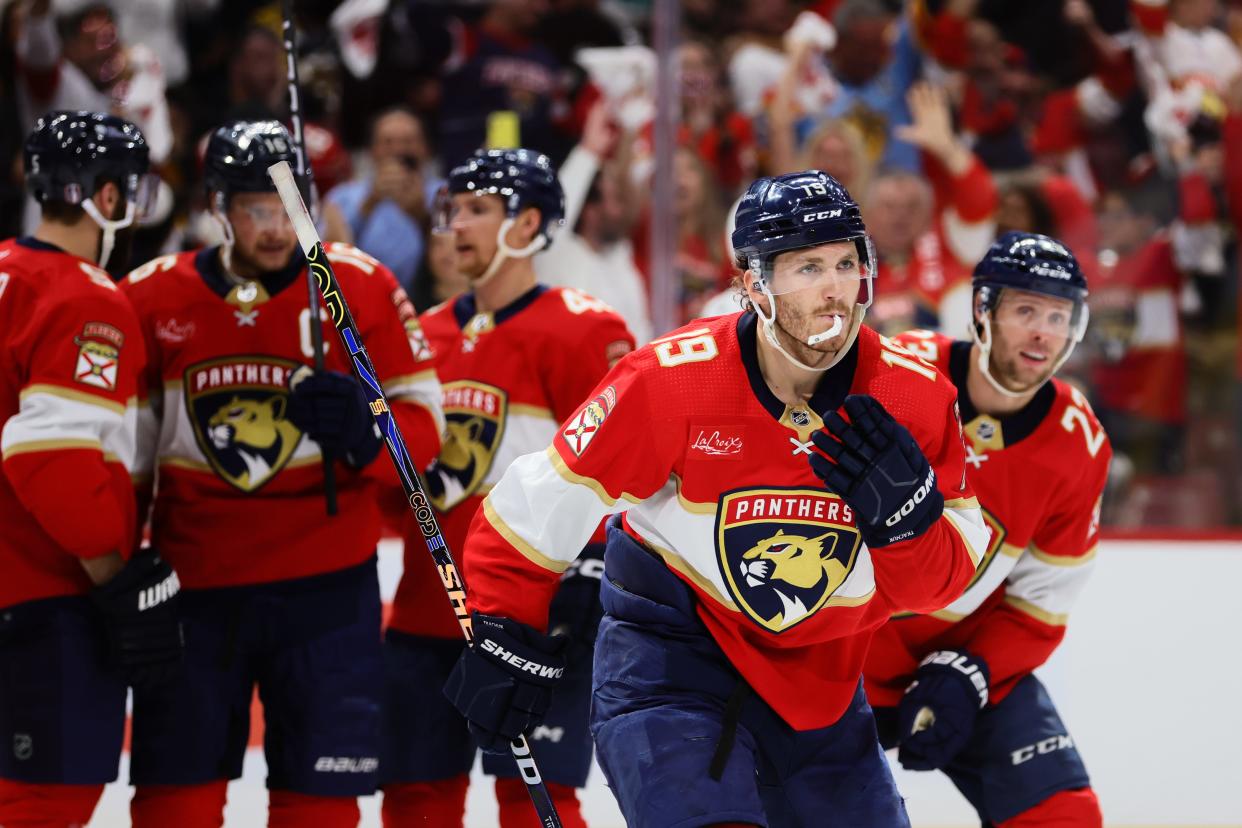 May 6, 2024; Sunrise, Florida, USA; Florida Panthers left wing Matthew Tkachuk (19) reacts after scoring against the Boston Bruins during the second period in game one of the second round of the 2024 Stanley Cup Playoffs at Amerant Bank Arena. Mandatory Credit: Sam Navarro-USA TODAY Sports