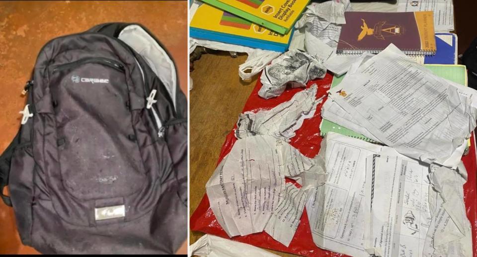 Schoolbag and ripped school work. Source: Supplied