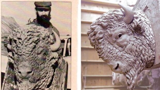 Al Stinson only received one piece of public credit in Calgary media in the 1980s for his work sculpting new bison heads for the city's Centre Street Bridge, in an article from now-defunct Alberta Report magazine, pictured on the left. Now that his sculptures, pictured in 2020 on the right, are up for auction, he's correcting the record.  (Submitted by Al Stinson, Levis Online Auctions - image credit)