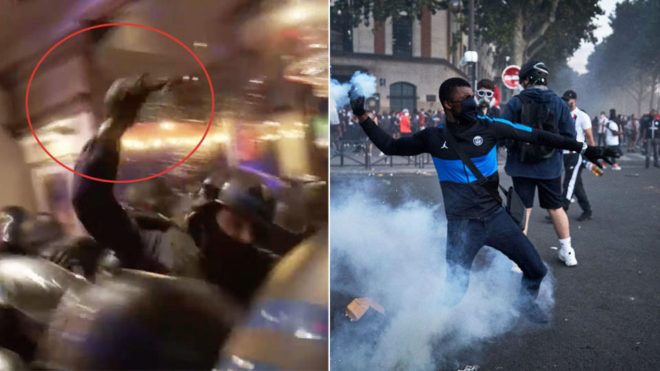 A riot police officer tangles with a member of a bar (pictured left) and a PSG fan masked up throwing tear gas.