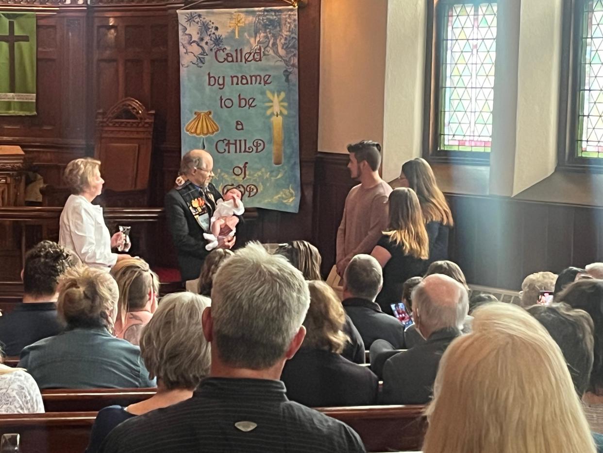 Sunday was a day of celebration for a baptism, but also for solemn remembrance as it was just two days after parishioners from the Congregational Church in Spencer, who attended a joint service at the Leicester church, lost their church to a Friday night fire caused by a lightning strike.