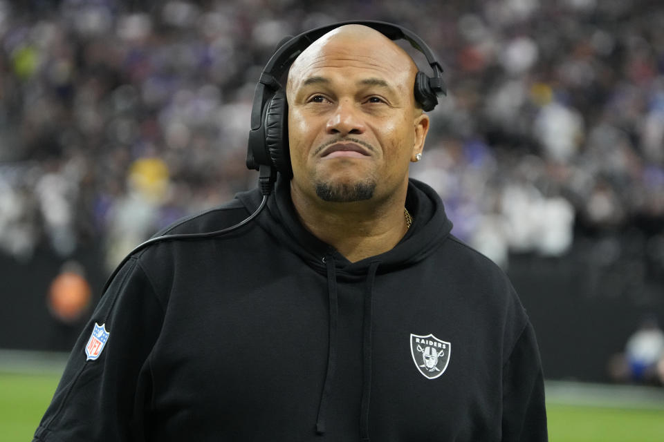 Las Vegas Raiders interim head coach Antonio Pierce watches during the first half of an NFL football game against the New York Giants, Sunday, Nov. 5, 2023, in Las Vegas. (AP Photo/Rick Scuteri)