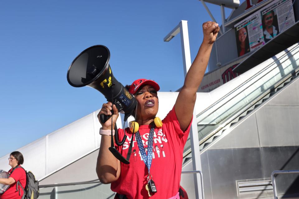 Flamingo guest room attendant Diana Thomas gets fellow Culinary Union members fired up ahead of a strike vote, Tuesday, Sept. 26, 2023, at Thomas & Mack Center on the UNLV campus in Las Vegas.