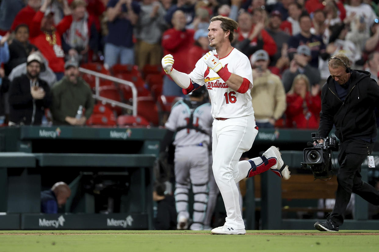 St. Louis Cardinals' Nolan Gorman celebrates as he runs the bases after hitting a walkoff home run during the ninth inning of a baseball game against the Arizona Diamondbacks, Monday, April 22, 2024, in St. Louis. (AP Photo/Scott Kane)