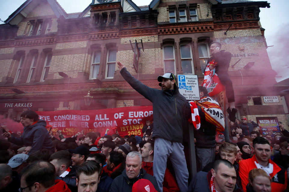 <p>Soccer Football – Champions League Quarter Final First Leg – Liverpool vs Manchester City – Anfield, Liverpool, Britain – April 4, 2018 Liverpool fans outside the stadium before the match Action Images via Reuters/Carl Recine </p>