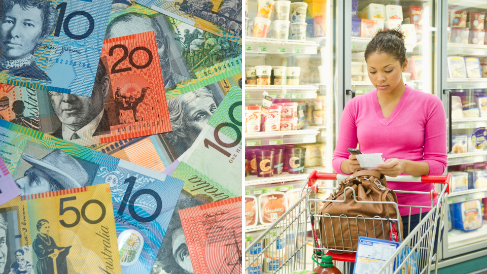 Composite image of a woman grocery shopping and Australian bank notes to signify economy.