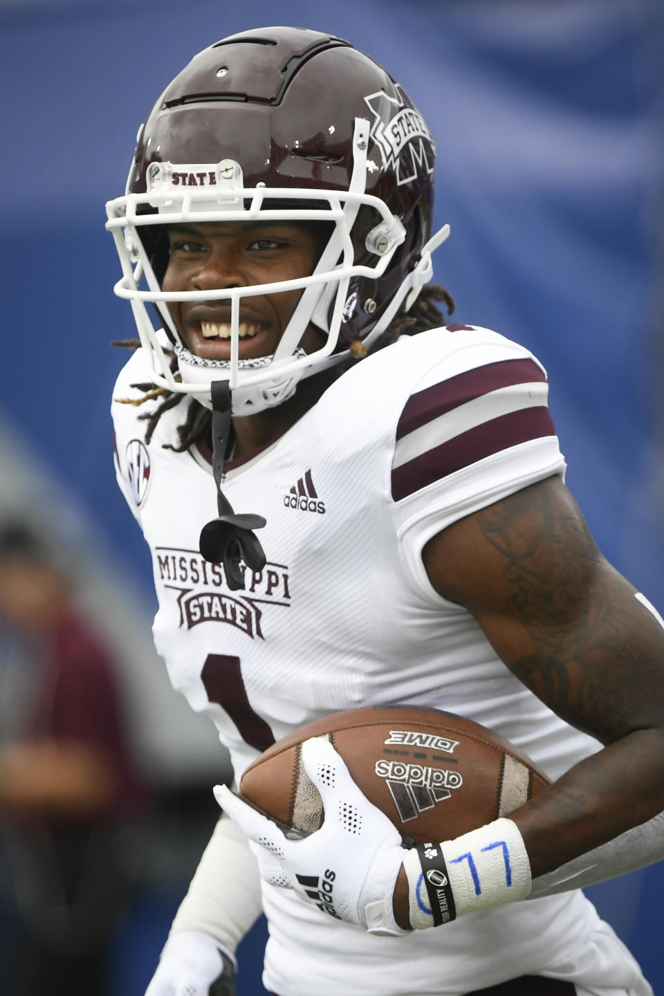 Mississippi State cornerback Martin Emerson (1) warms up before an NCAA football game against Memphis on Saturday, Sept. 18, 2021, in Memphis, Tenn. (AP Photo/John Amis)