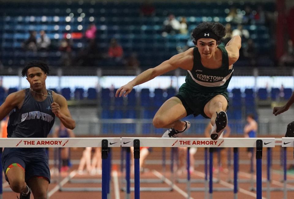 Yorktown's Brian White runs the 55-meter hurdles at the Section 1 Class A & C track and field championships held at The Armory Track & Field Center in New York.  Wednesday, February 8, 2023. 