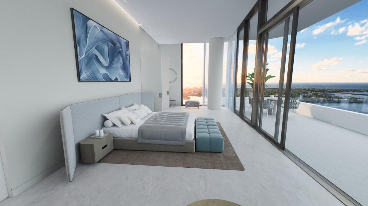 A digital rendering of Penthouse 26 on the top floor of the new La Clara condominium tower in West Palm Beach shows part of the broad wraparound balcony overlooking the Intracoastal Waterway.