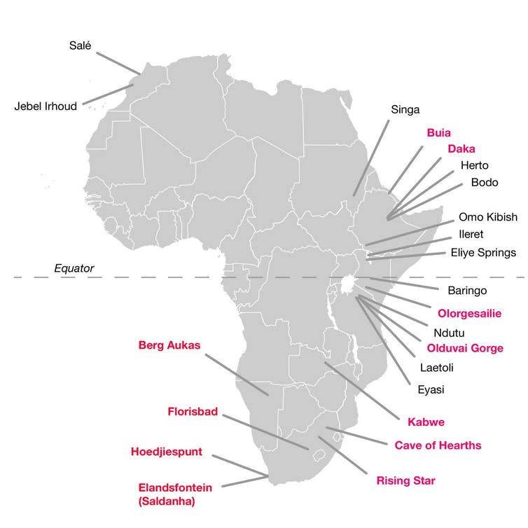 <span class="caption">African fossil sites from the Middle and earliest Late Pleistocene which have produced hominin fossils, often in association with stone tool assemblages.</span> <span class="attribution"><span class="source">Lee Berger et al/eLife Journal</span></span>