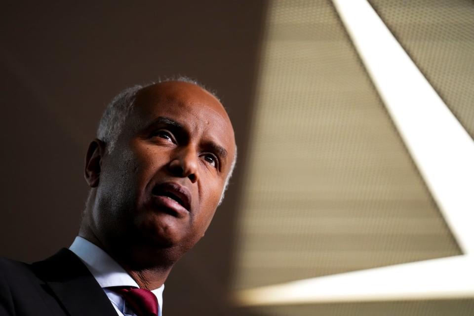 Ahmed Hussen, Minister of Housing and Diversity and Inclusion, holds a press conference on Parliament Hill in Ottawa on Monday, Oct. 3, 2022, regarding support for Black community initiatives. 