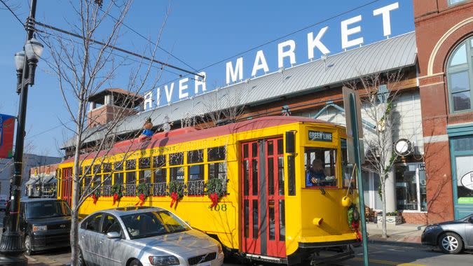 Little Rock, Arkansas, USA - December 18th 2010: River Rail Trolley in the River Market District transports locals and tourists between Little Rock and North Little Rock.