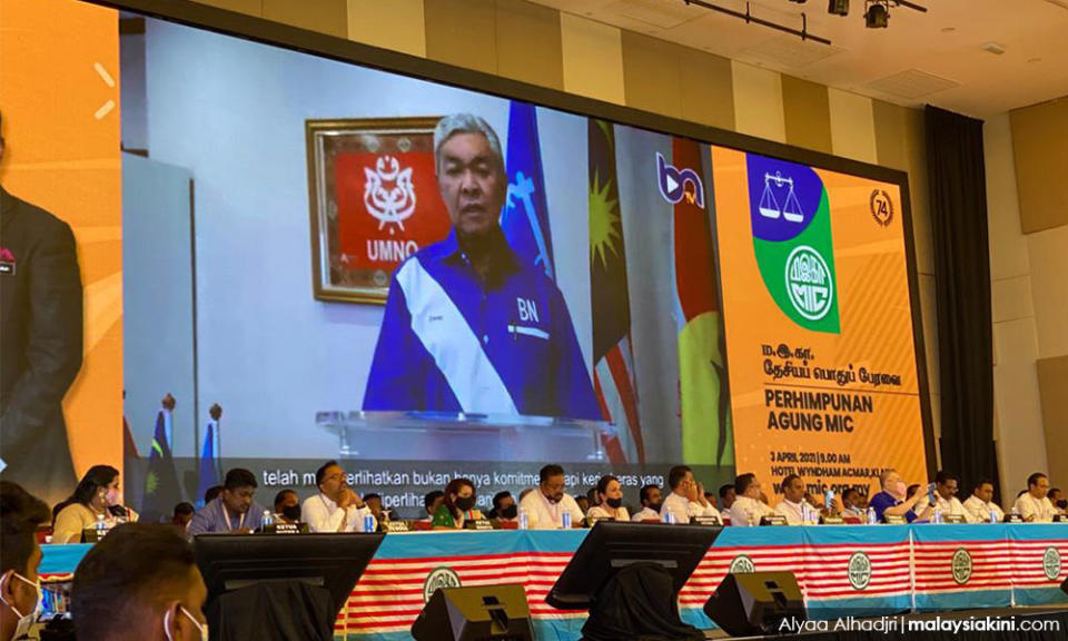 Umno president Ahmad Zahid Hamidi appears via video at the MIC annual general assembly