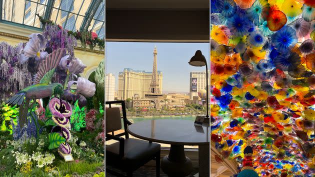 From left: Bellagio Conservatory & Botanical Gardens, a room view and Chihuly glass ceiling.