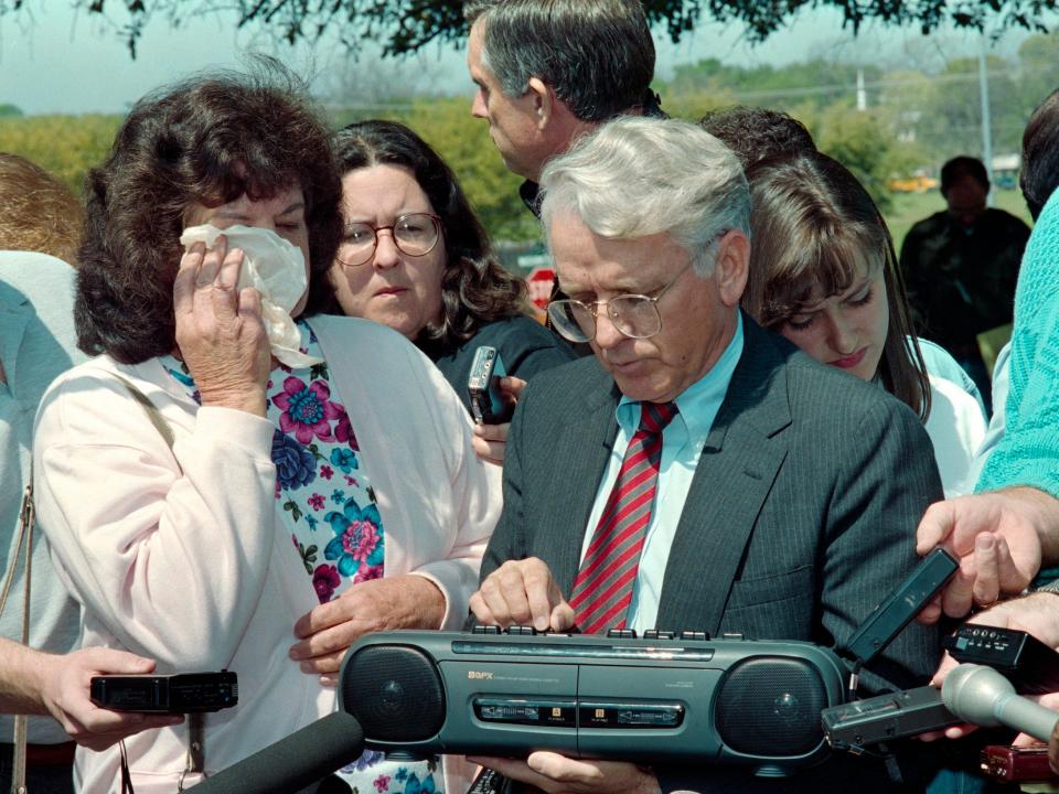 David Koresh’s grandmother and her lawyer play a tape for the media in 1993 during the siege.